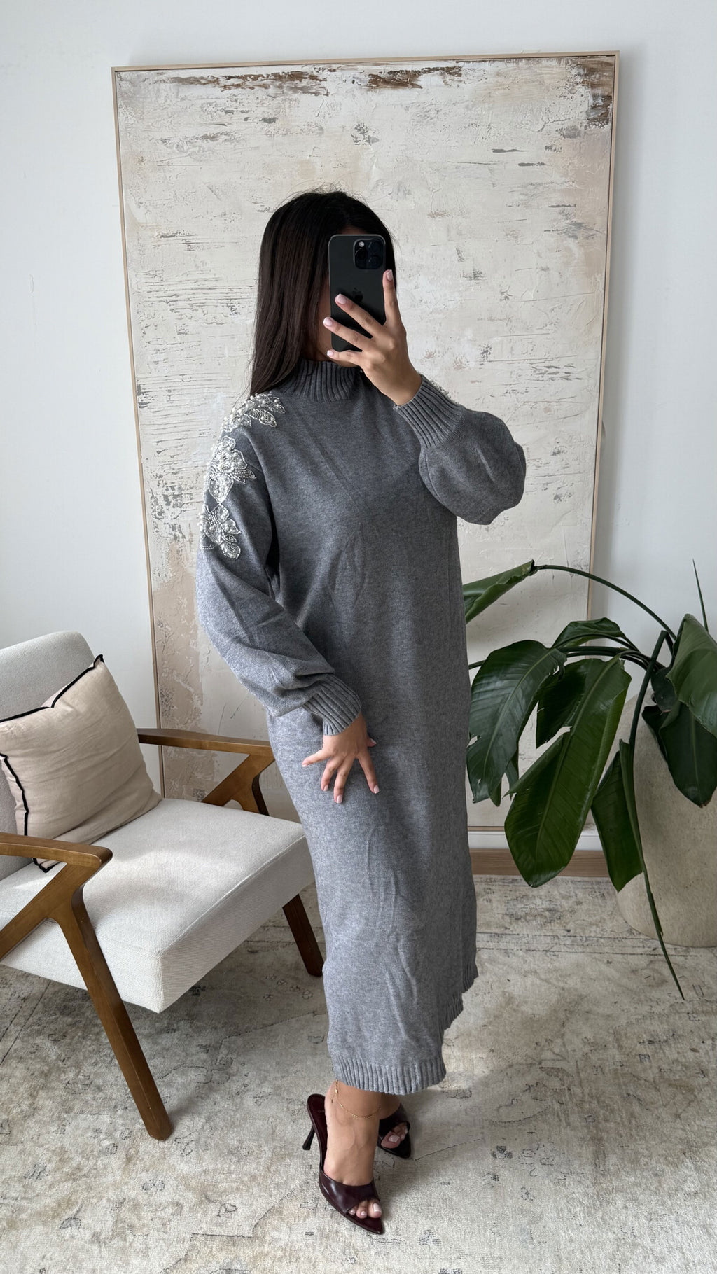 GRIJZE GEBREIDE JURK